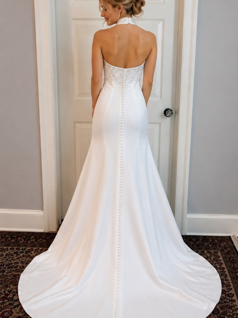 Wedding Dress Ivory Beaded Halter Bridal Gown Button Back Long Train NWT Small